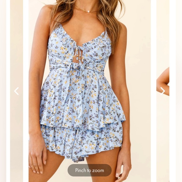 Selfie Leslie SWEET REVENGE SHIRRED NECKLINE BUST TIE ROMPER FLORAL STEEL BLUE - Picture 2 of 5